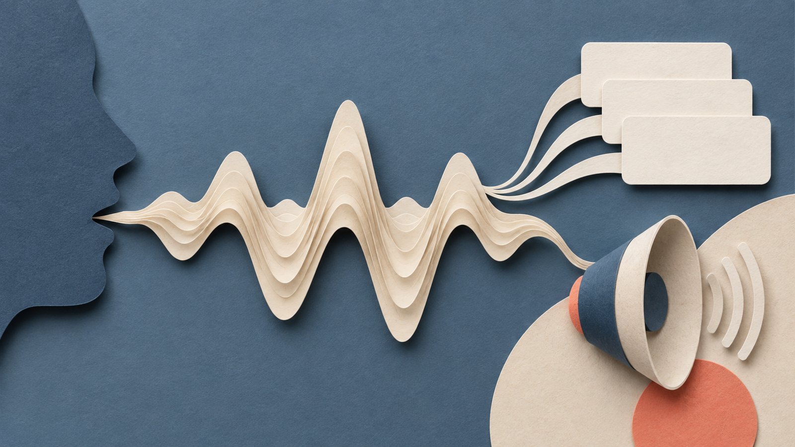 A paper-cut collage of a cream waveform flowing into blank transcript cards and a paper speaker, on a slate-blue field with a coral accent.