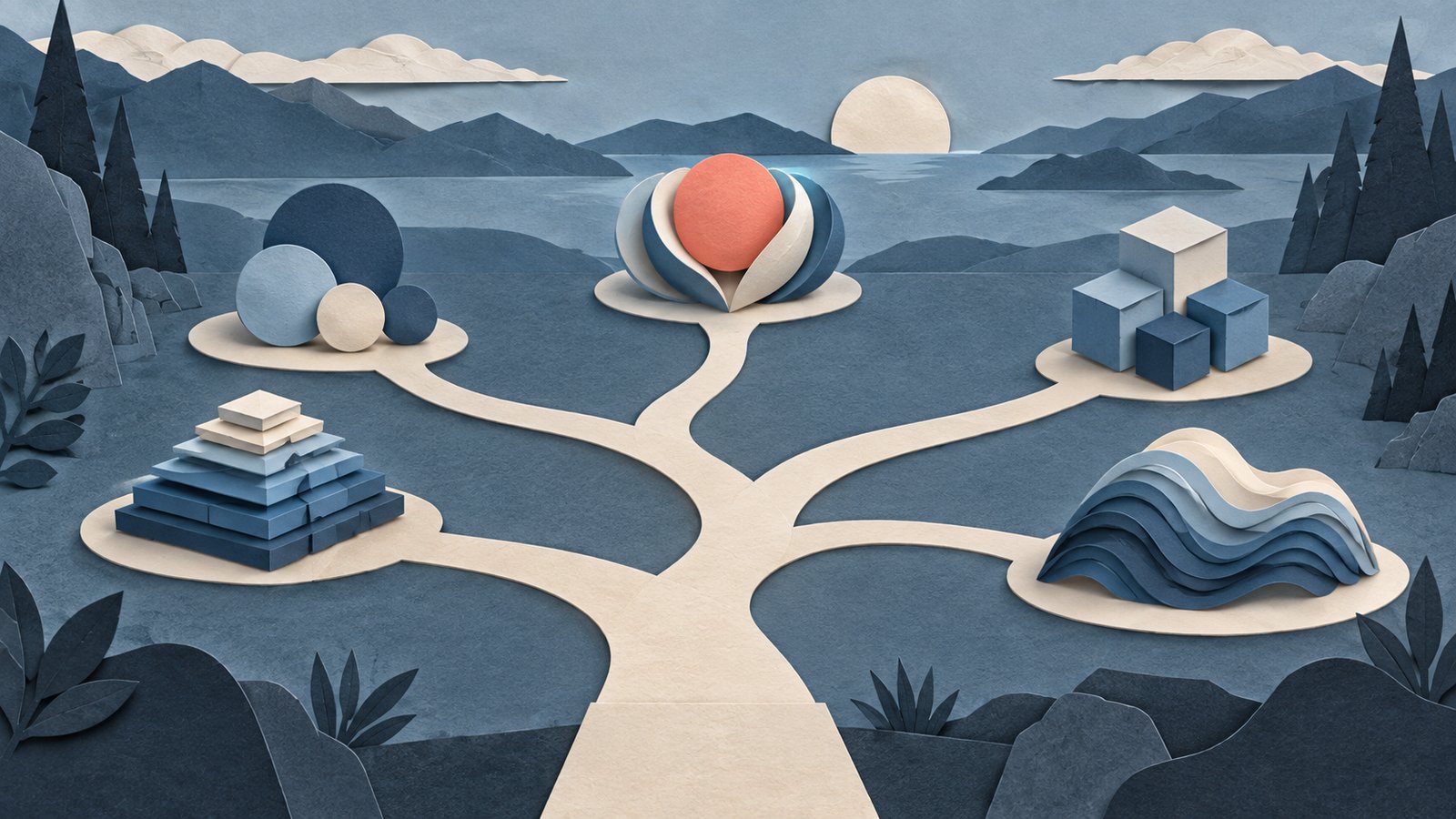 A paper-cut collage of cream paths branching between layered slate-blue paper shapes, with one coral circle at the center.