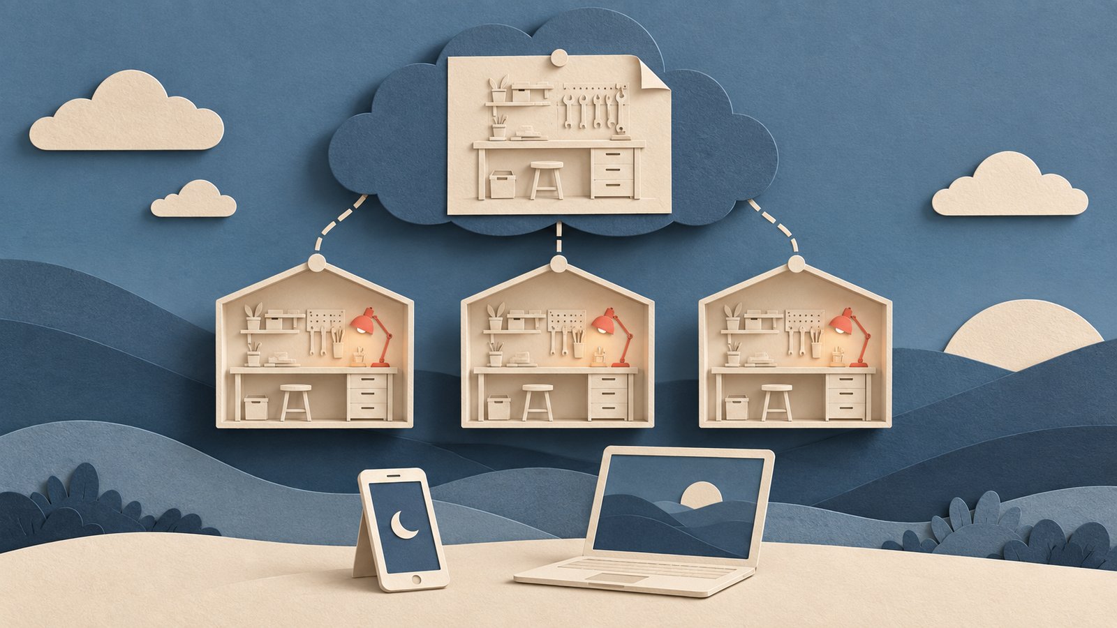 A paper-cut collage of a slate-blue cloud with a cream blueprint of a workbench pinned to it, three small cream workshop rooms hanging below each with its own coral lamp, and a cream phone showing a moon beside an open laptop on sand-coloured hills.