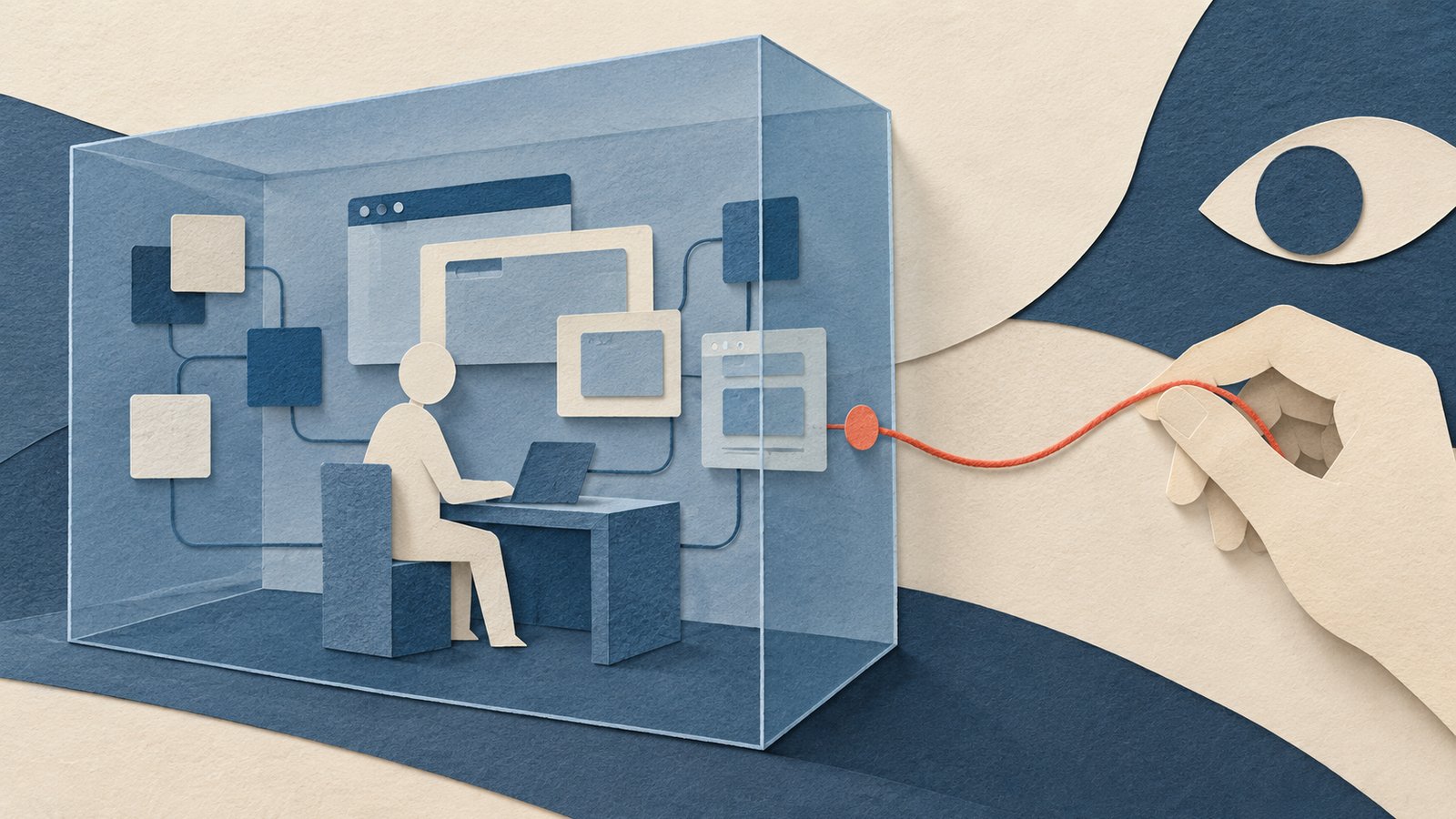 A paper-cut collage of a cream agent working at a cloud computer inside a slate-blue glass workspace, with a coral thread connecting it to human oversight.