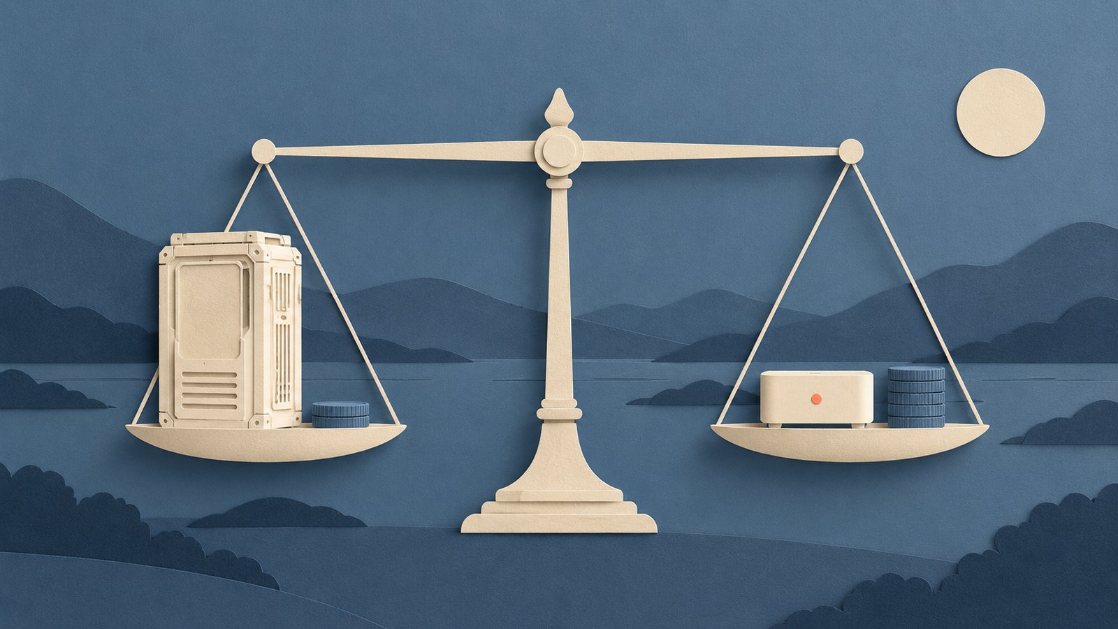 A paper-cut collage of a level balance scale in a slate-blue landscape: a tall cream machine and one coin on the left pan, a small sleek block with a coral dot and five coins on the right.
