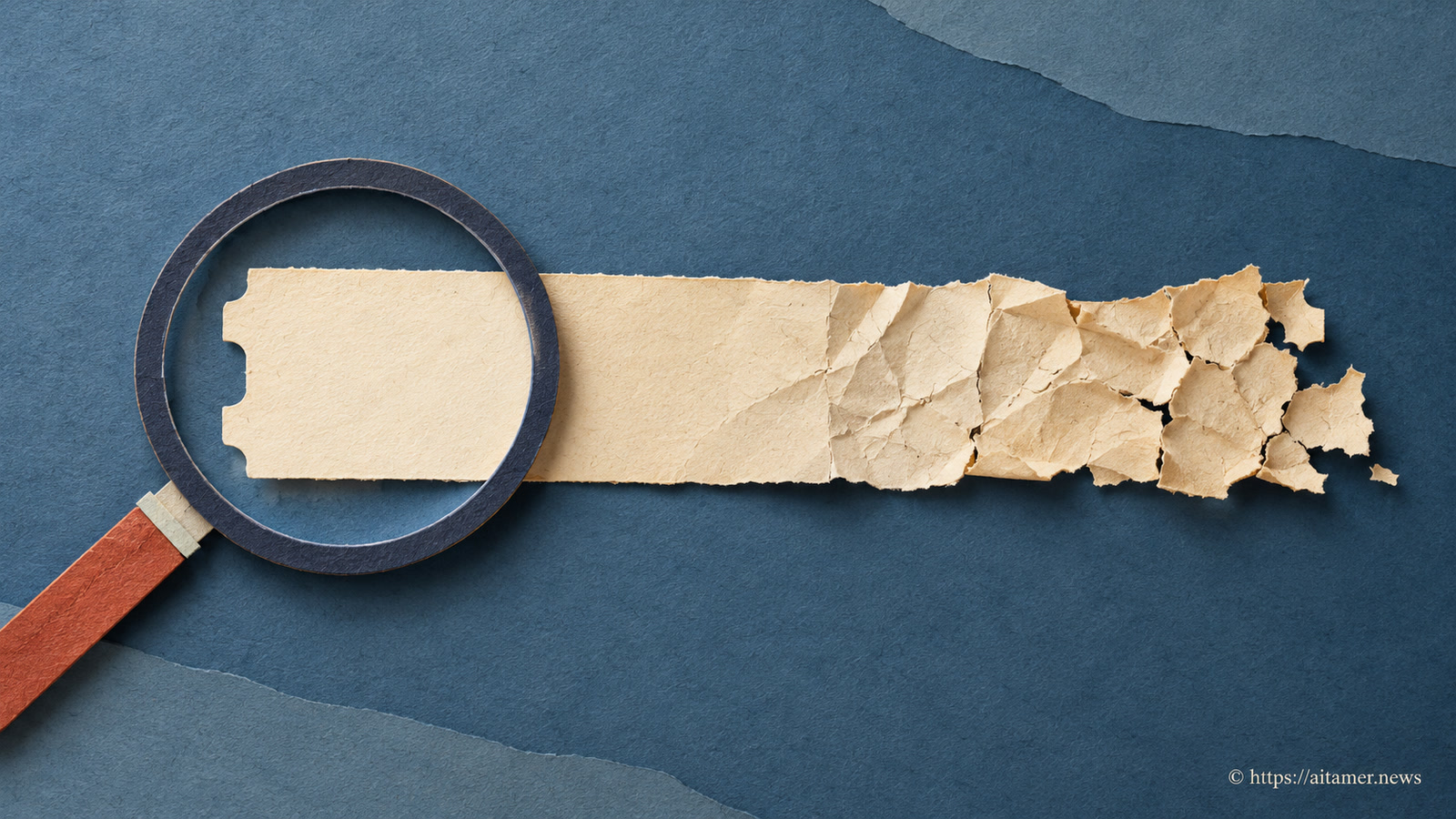 A paper magnifying glass examines the clean beginning of a ticket while its damaged tail lies outside the lens.