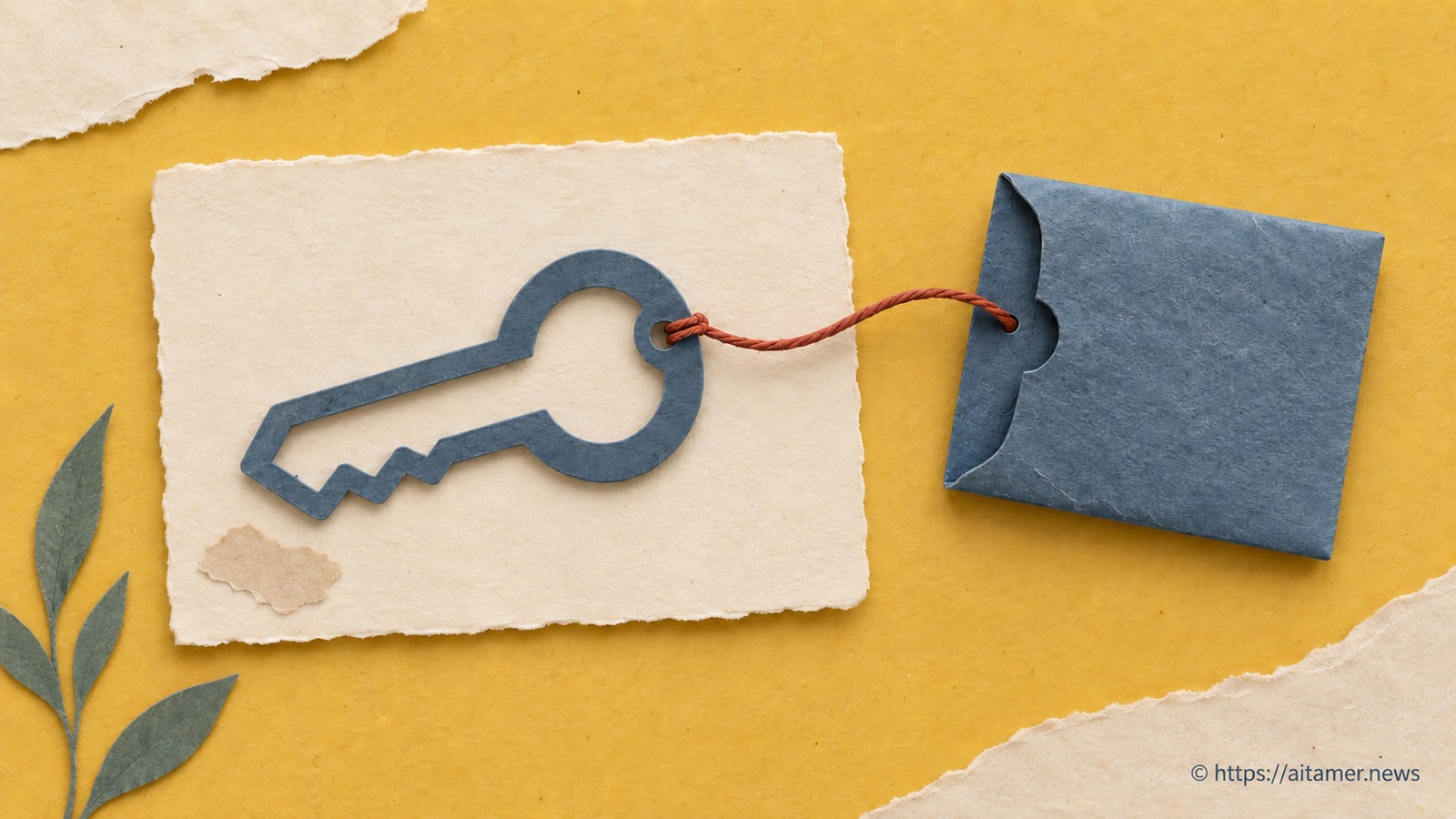 An empty blue key stencil on cream paper connects by a red thread to a folded blue sleeve.