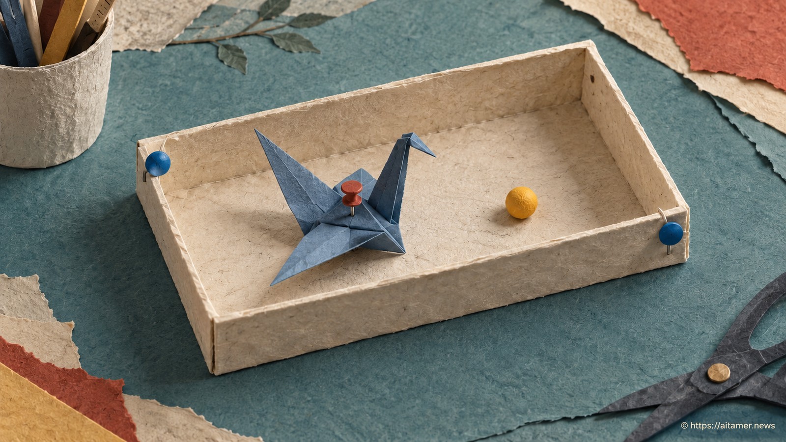 Blue pins hold a paper tray while a folded crane has its own red pin and a yellow bead lies loose beside it.