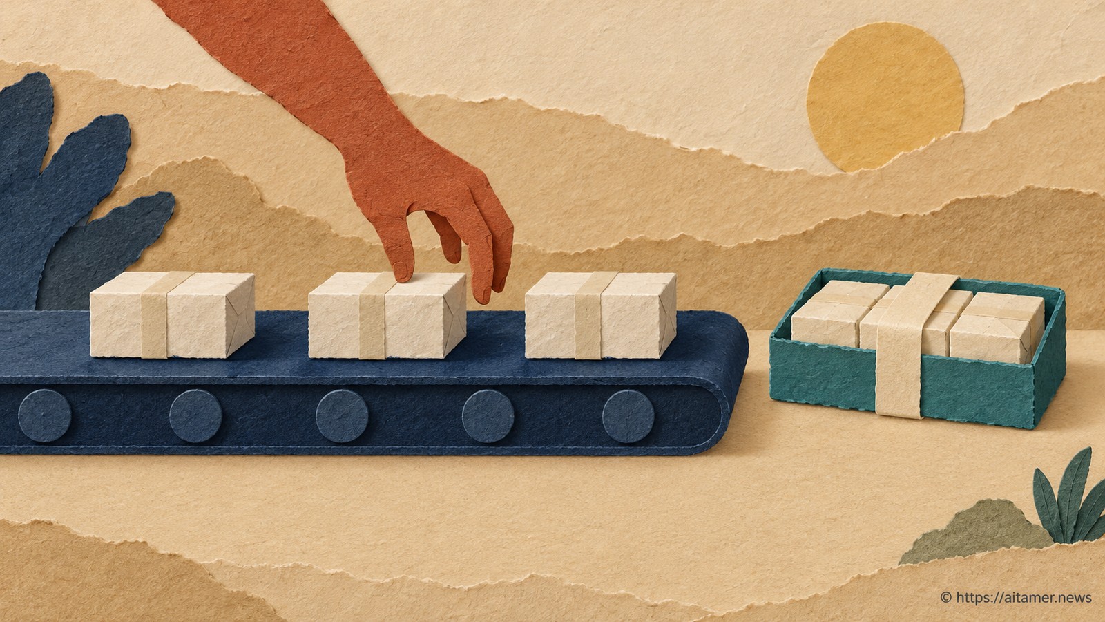 Separate cream parcels travel on a navy conveyor beside a teal tray binding several parcels as one group.