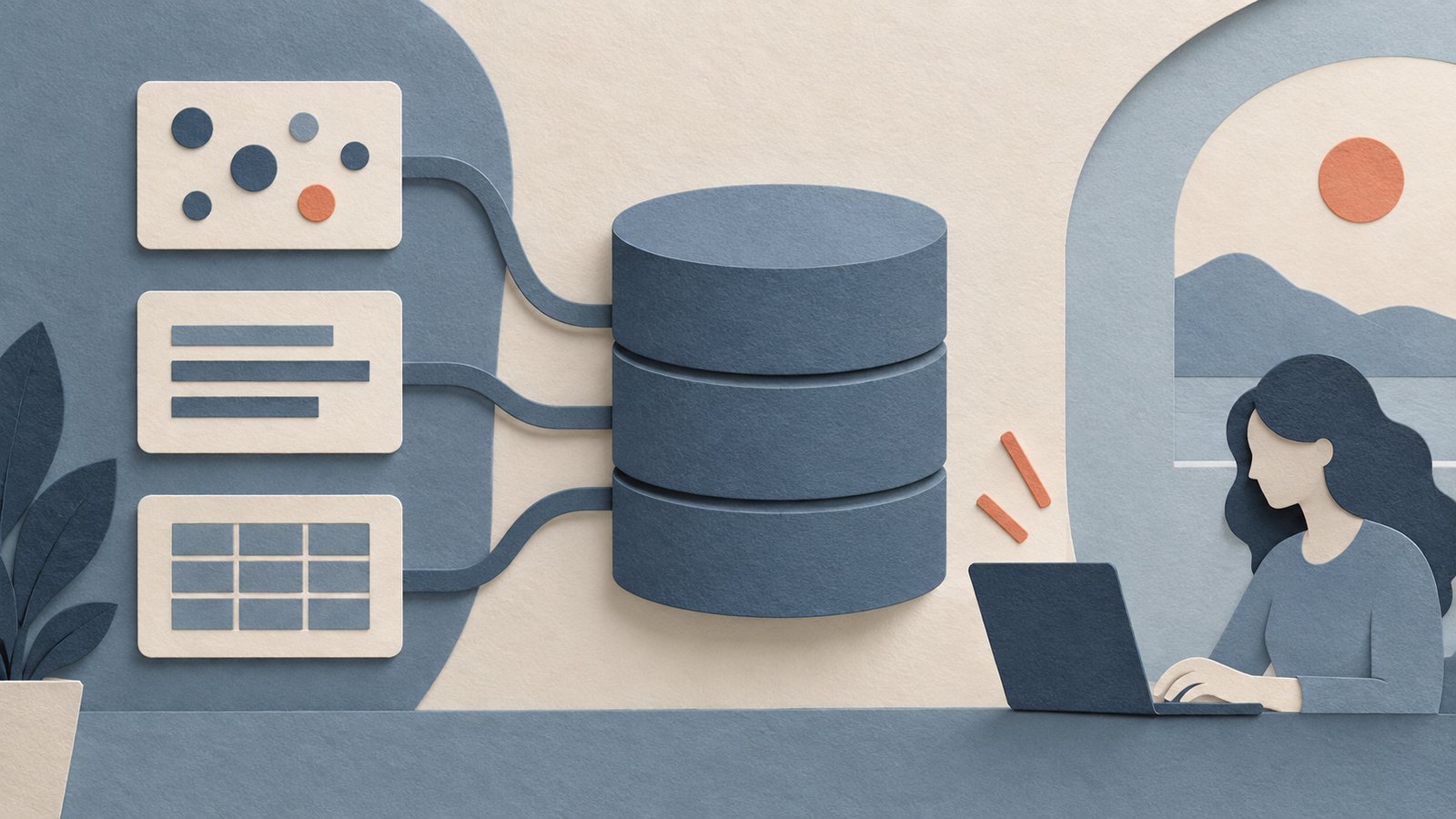A paper-cut collage of three cards with semantic dots, text lines and structured fields connected to a slate-blue database.