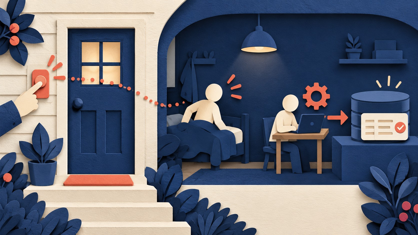 A pressed doorbell alerts people beside a database, prompting them to inspect stored records.