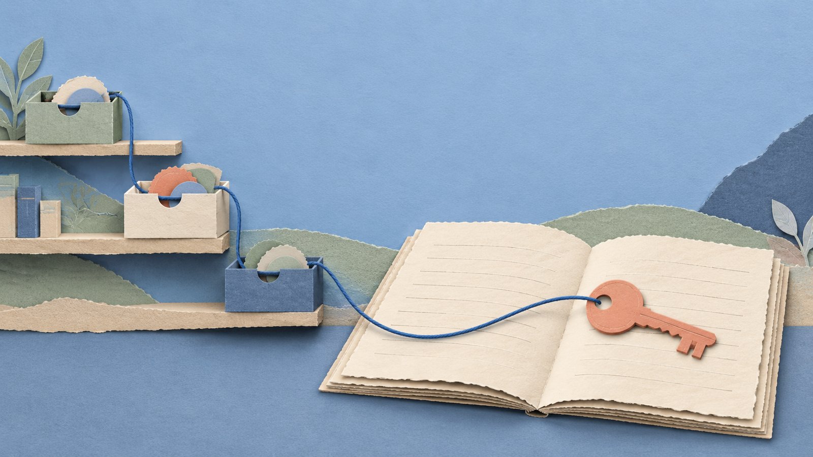 A coral paper key rests on an open ledger, with a thread tracing back through paper drawers and shelves.