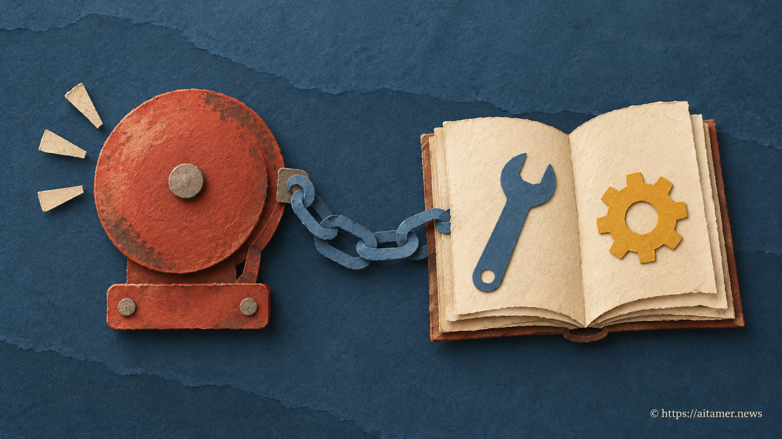 A red paper alarm bell is linked by a blue chain to an open cream book showing a blue wrench and a yellow gear.
