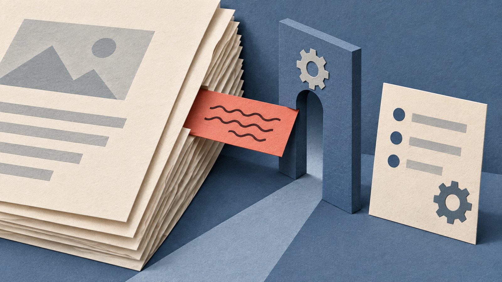 A paper-cut collage of a coral-marked paper slip passing through a slate-blue gate beside a separate cream instruction card.