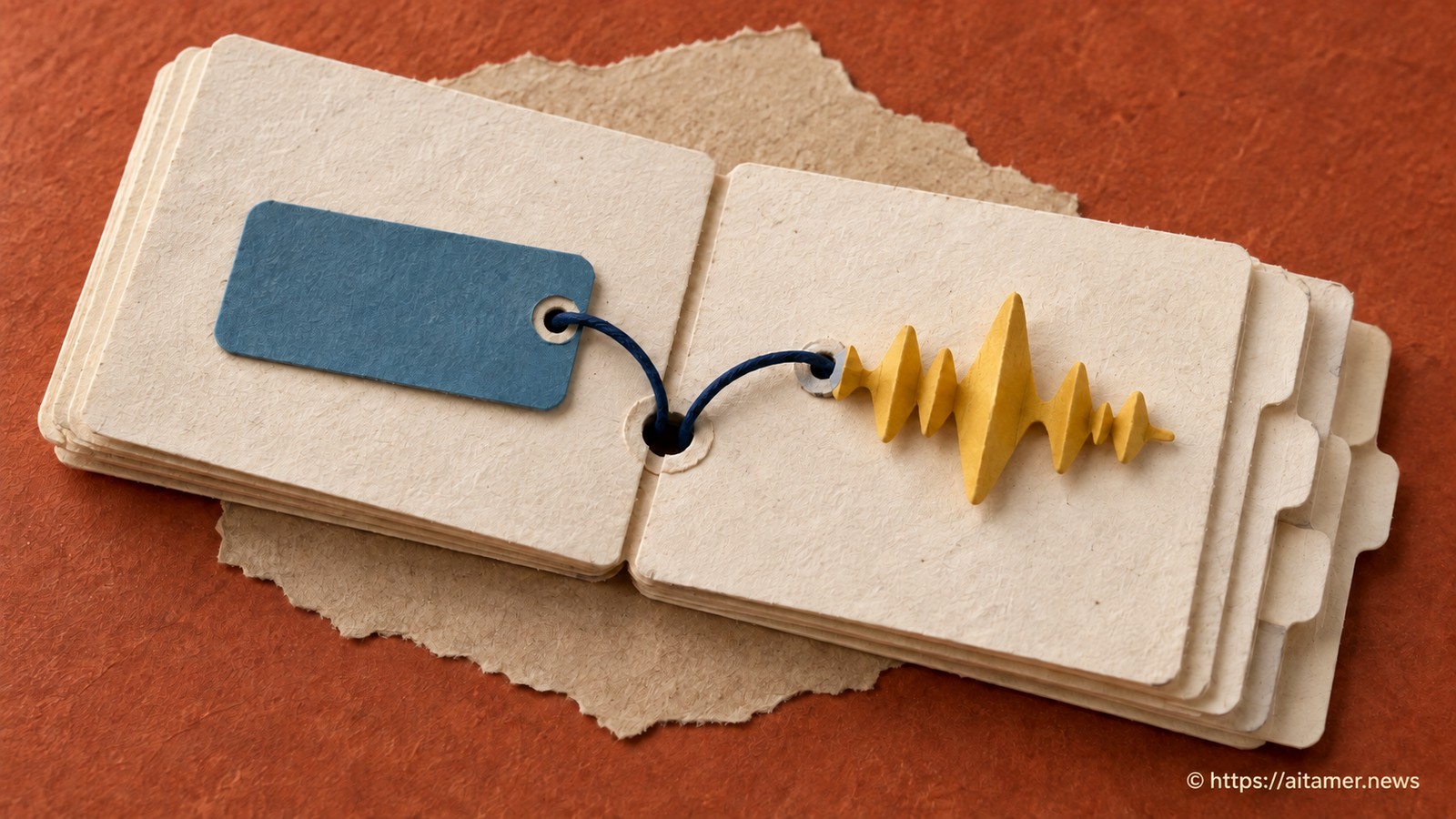 A blue name tag and folded yellow sound wave are joined on the pages of a paper pronunciation book.