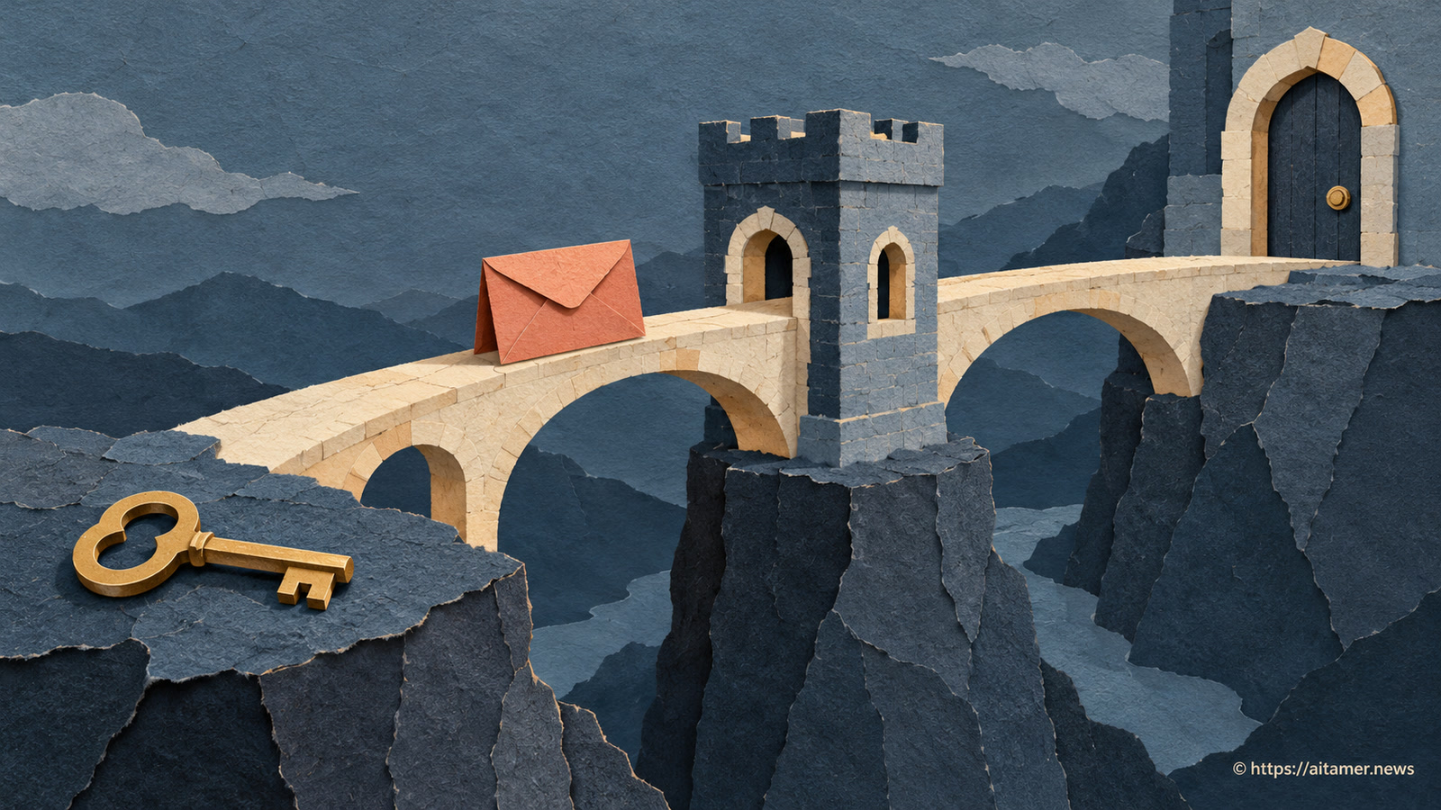 An envelope crosses a bridge through a tower toward a door while a key remains on the near bank.