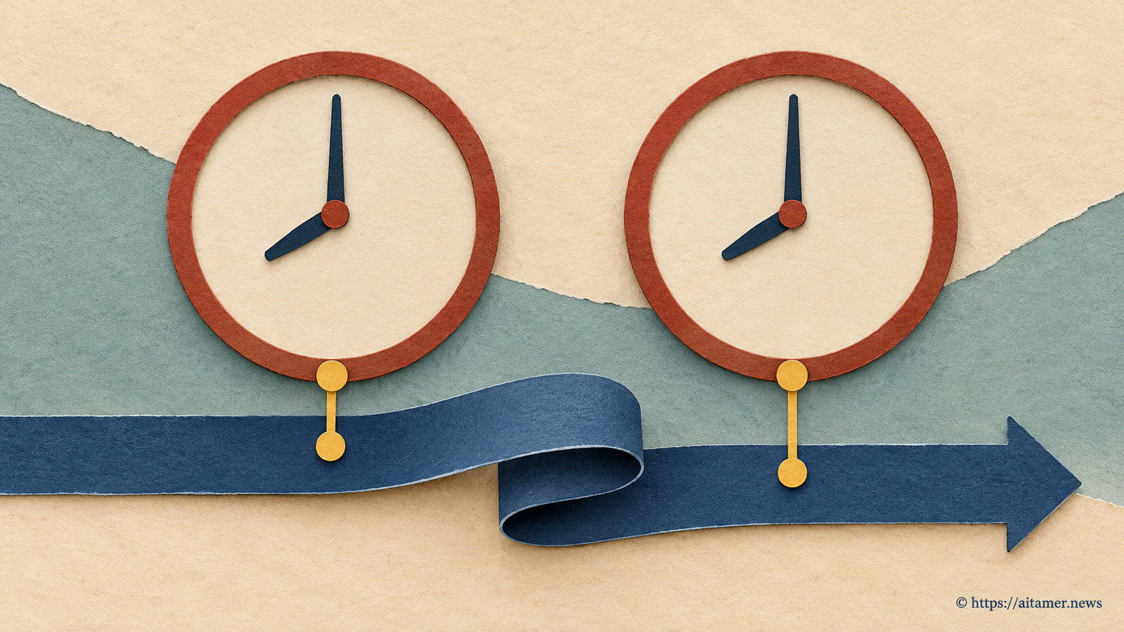 Two paper clocks show the same time above separate points on a blue timeline ribbon that folds back on itself.