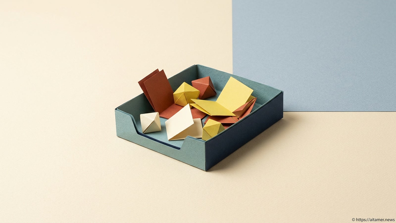 A single paper tray holds a pile of folded notes in several colours, all gathered in one shared container.