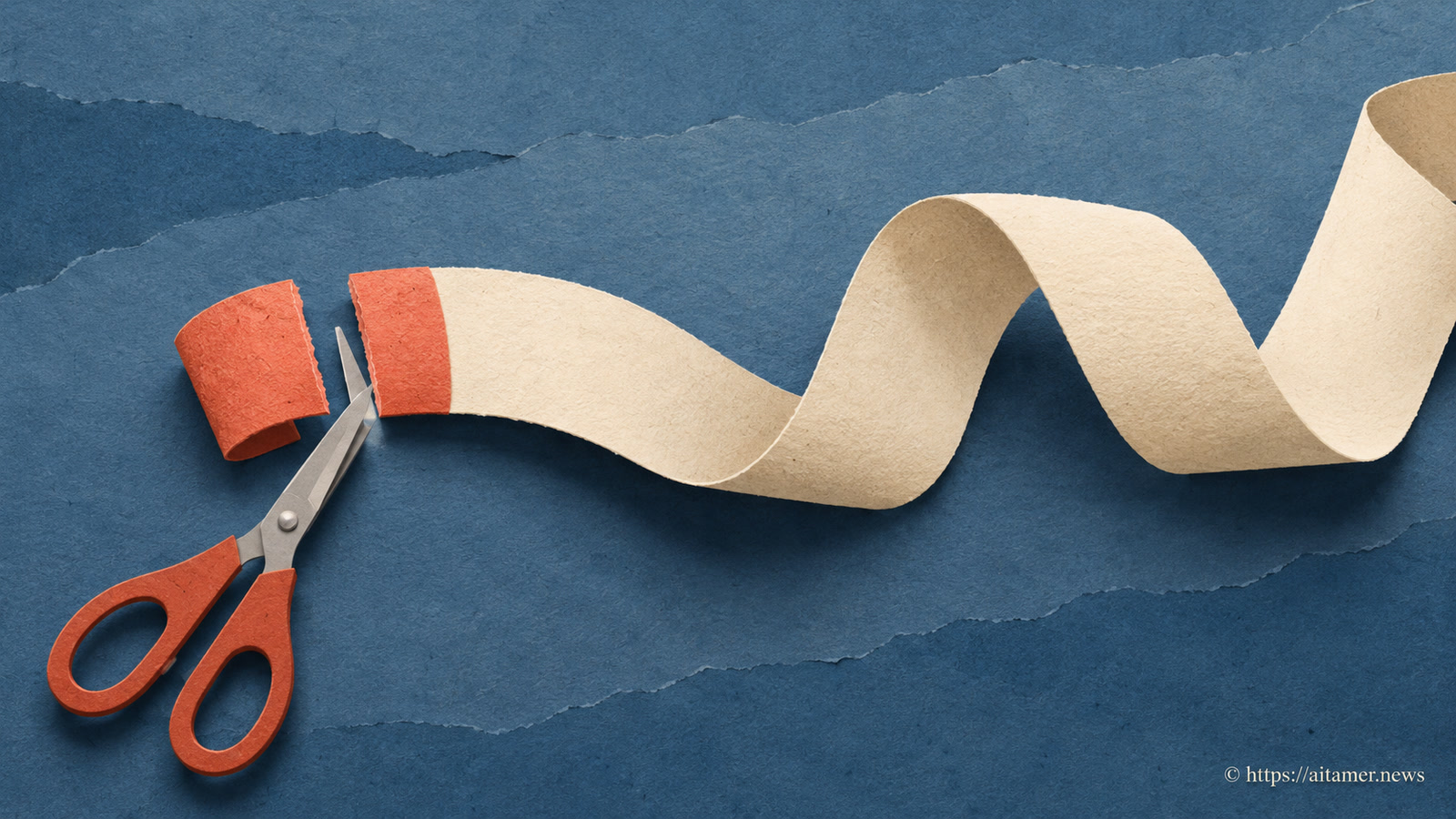 Scissors separate a coral paper tab from a long cream ribbon.