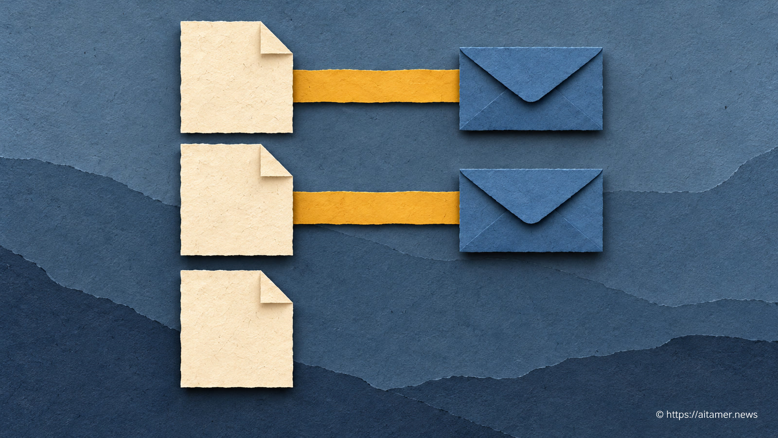 Three blank paper documents face two blue envelopes, with yellow strips connecting the first two pairs and empty space opposite the third document.