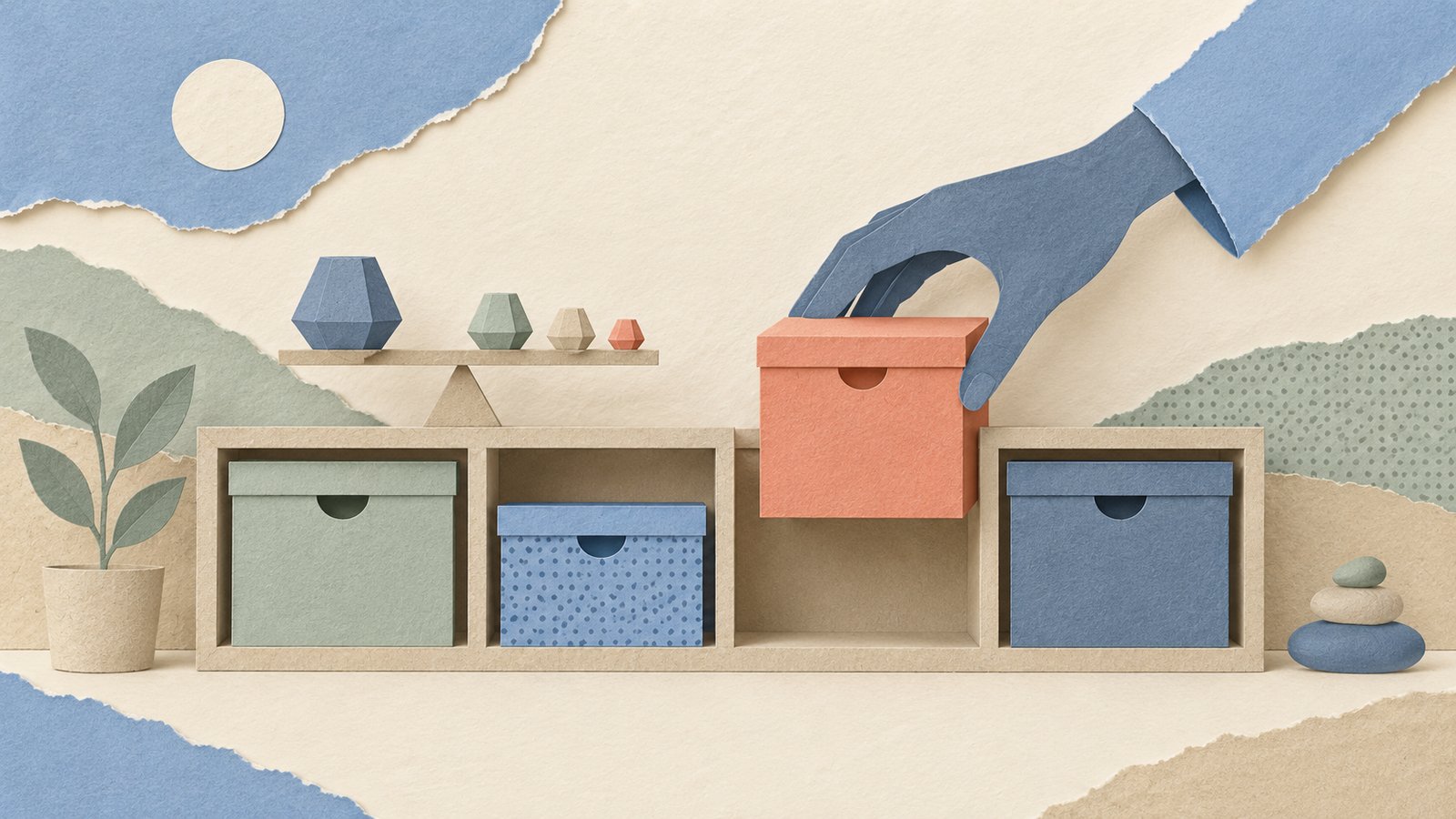 A coral paper box fits neatly into a layered blue-and-sage shelf, with quiet cream space around it.