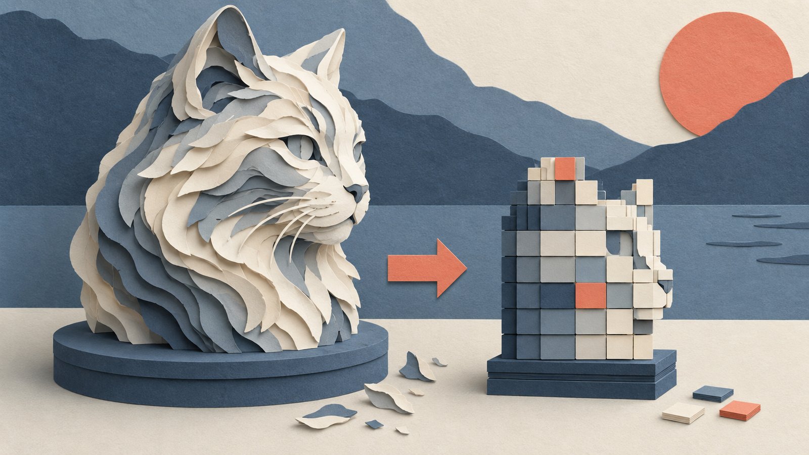 A paper-cut collage of a layered cream-and-slate lion sculpture beside a compact block of tiles, with a coral arrow and cut-paper edges.