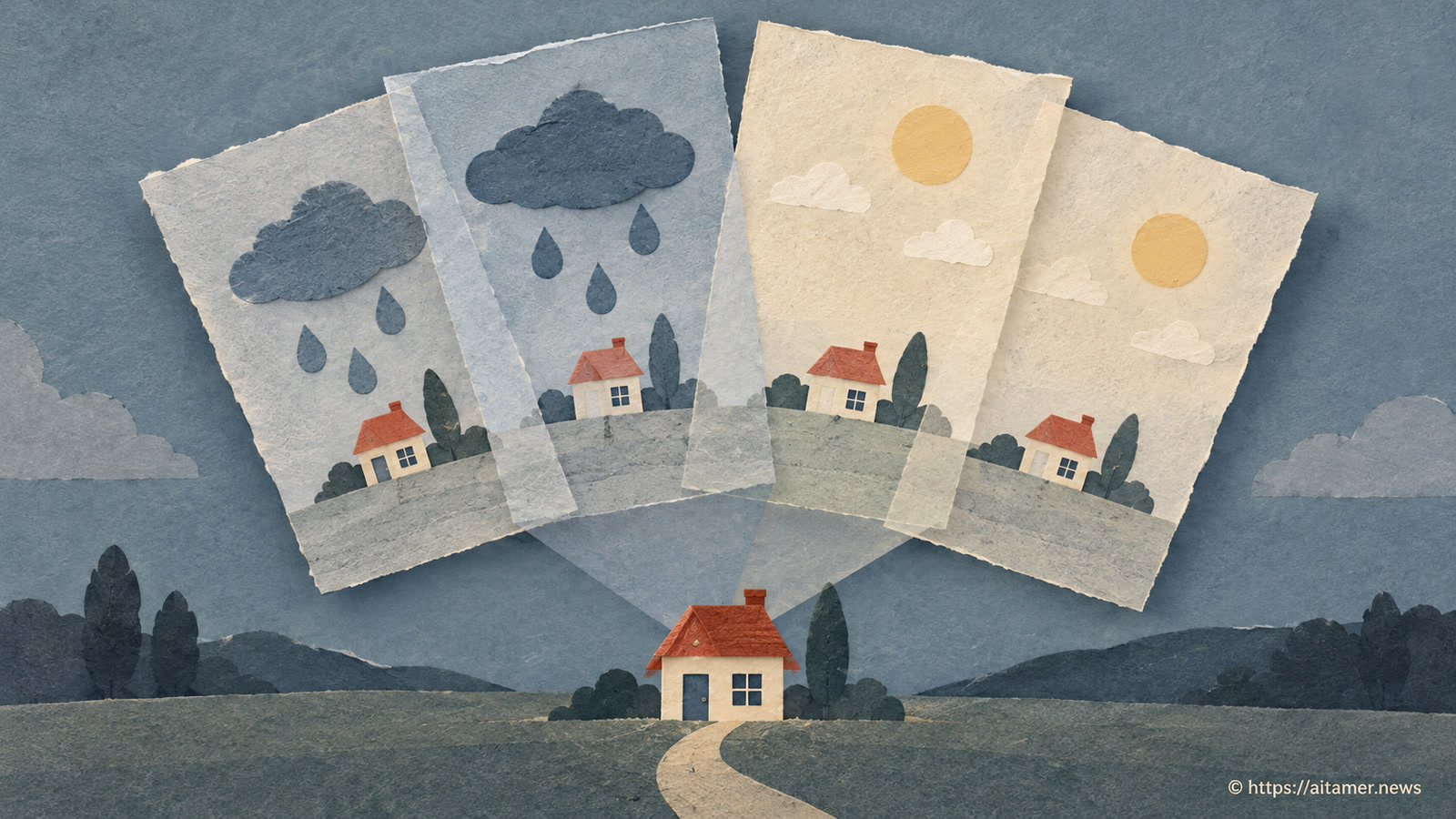 Four overlapping paper panels show rainy and dry skies above the same red-roofed house, with the house below them.
