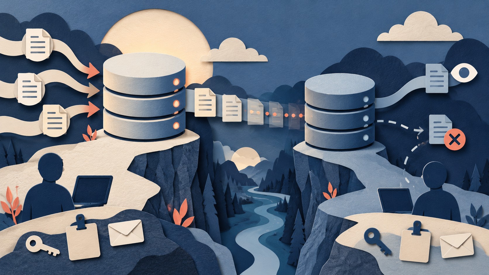 Records stream from one database to a second; a reader on the second side sees an outdated copy.