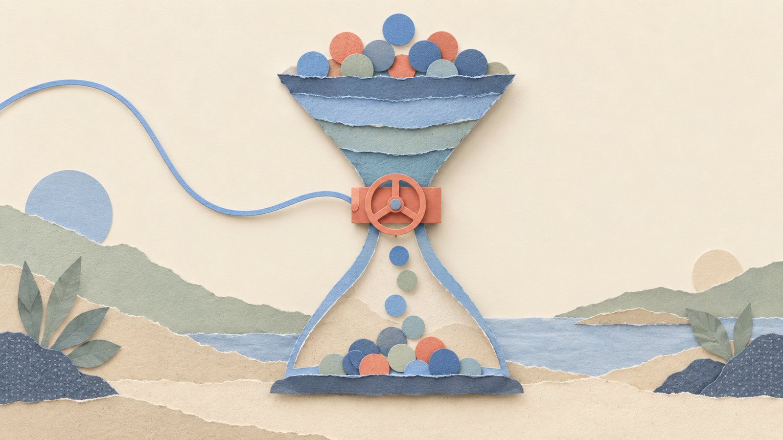 A calm paper-cut collage of a coral gate, a looping blue thread, and a layered ledger, with generous cream space around them.