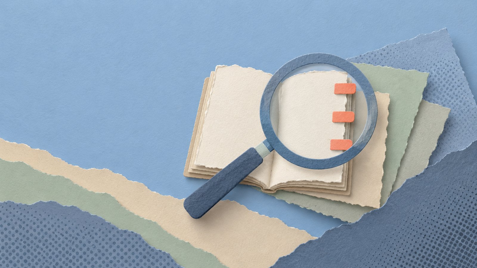 A magnifying glass highlights three coral tabs in a blank paper ledger, with layered blue and cream sheets around it.