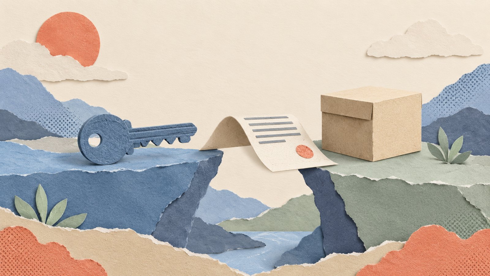 A layered paper bridge links a slate blue key to a sand-colored box, with a folded paper contract spanning the gap.
