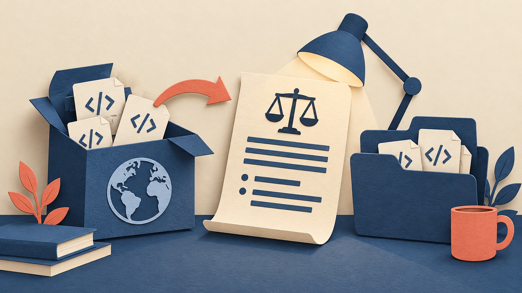 Code-marked paper sheets sit beside a license scroll with balancing scales under a desk lamp.