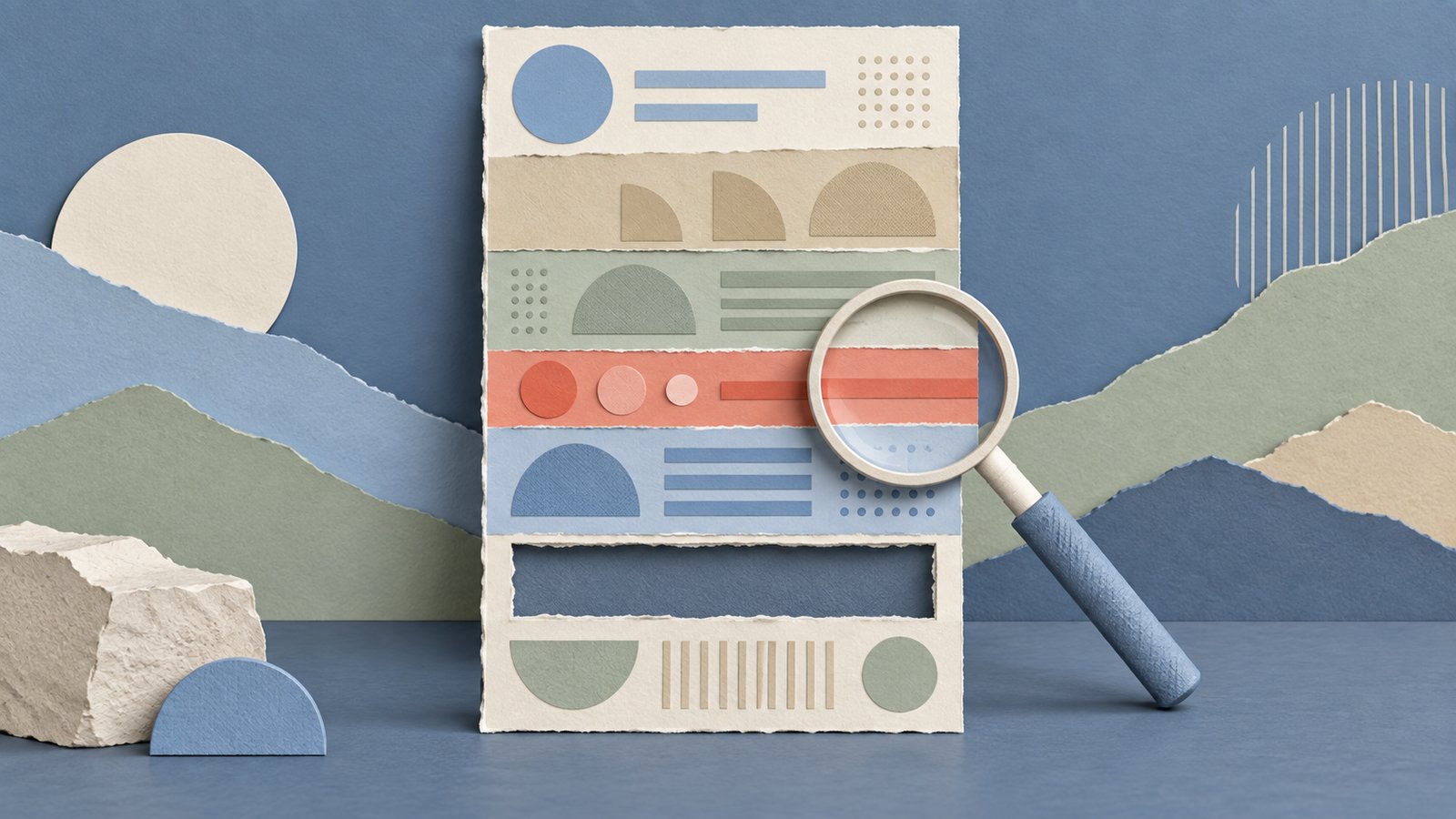 A calm paper-cut collage of a layered model label on a slate-blue table, with a magnifying glass over a coral band and a missing section near the bottom.