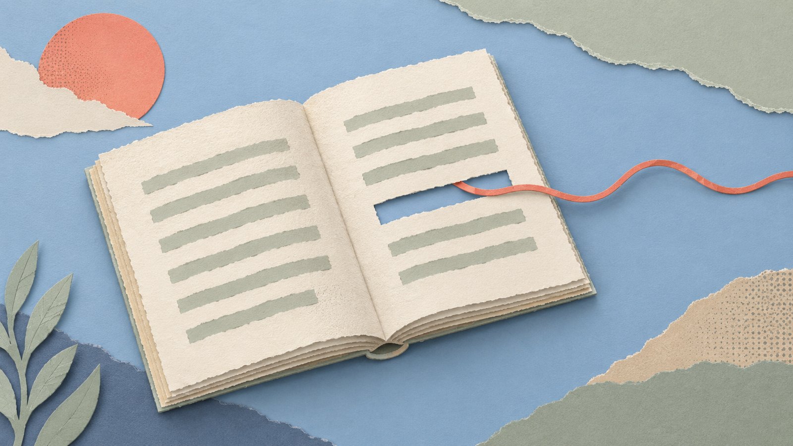 A paper-cut ledger with a sentence-shaped gap and a coral thread slipping through it, in a calm, softly textured editorial collage.