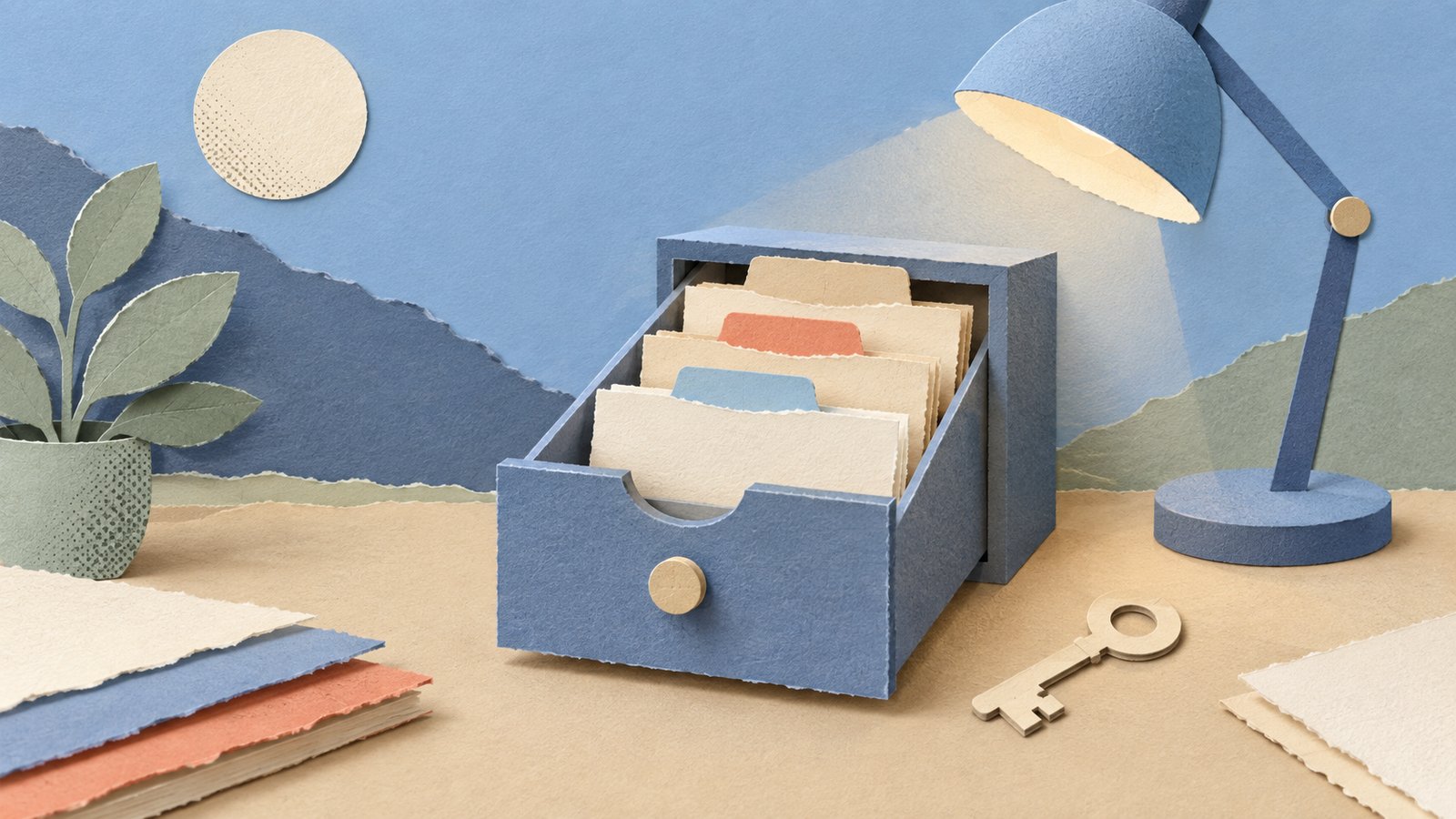 A softly lit paper ledger drawer with four blank tabs and a small key, in a calm blue-and-cream collage.