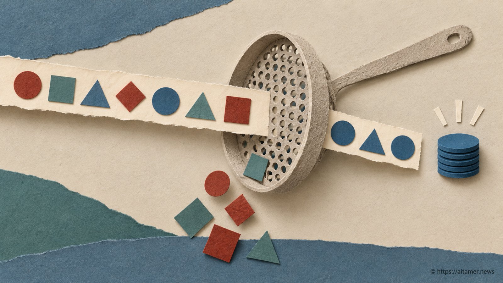 A cream strip of event tokens passes through a paper sieve, with matching blue tokens collected in a neat stack.