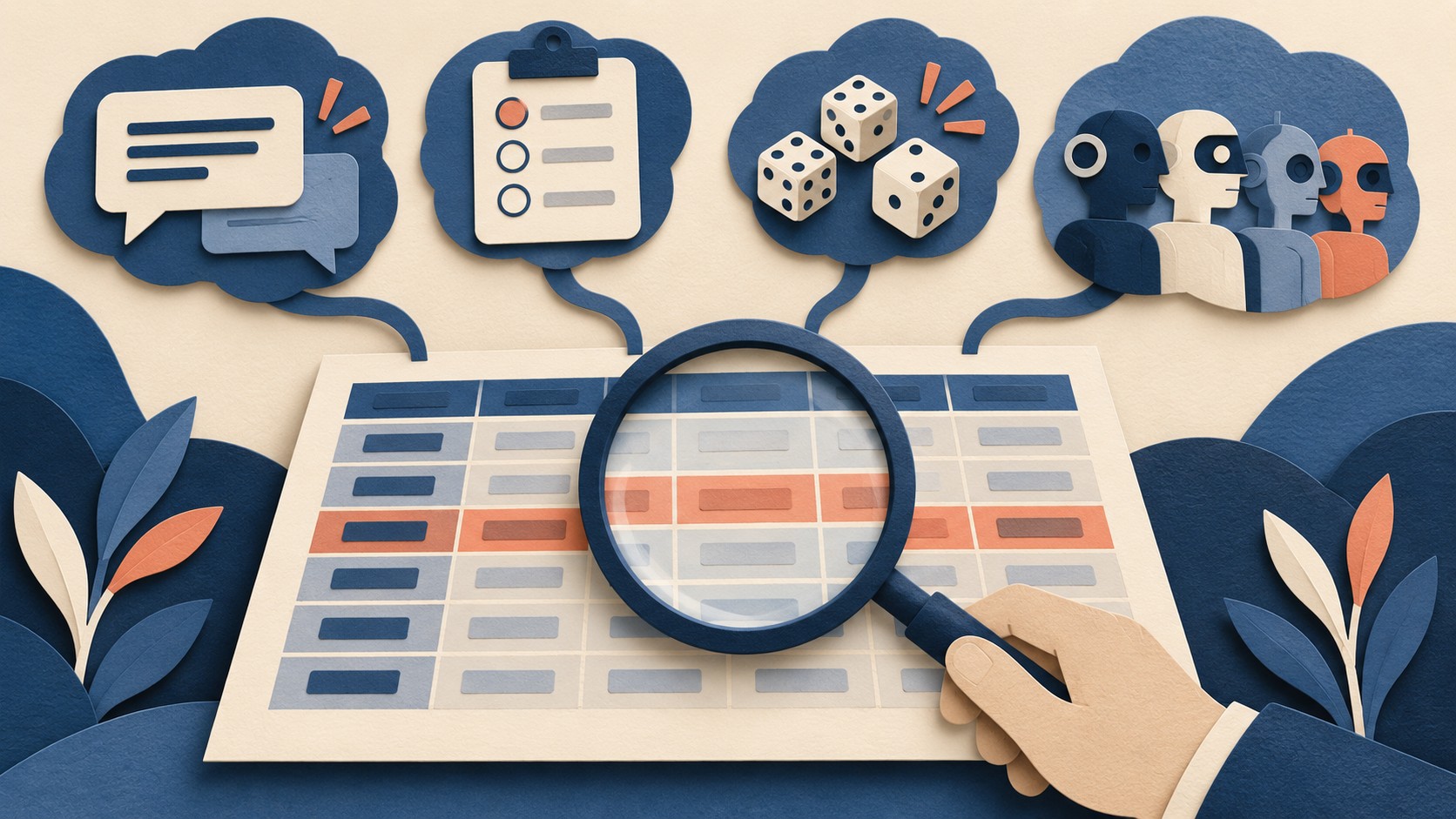 A magnifying glass examines a paper results table beneath prompt, checklist, dice and participant symbols.