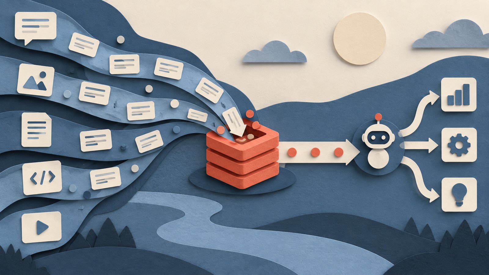 A paper-cut collage of message cards flowing into a coral cache block and onward to an agent with three branching paths.