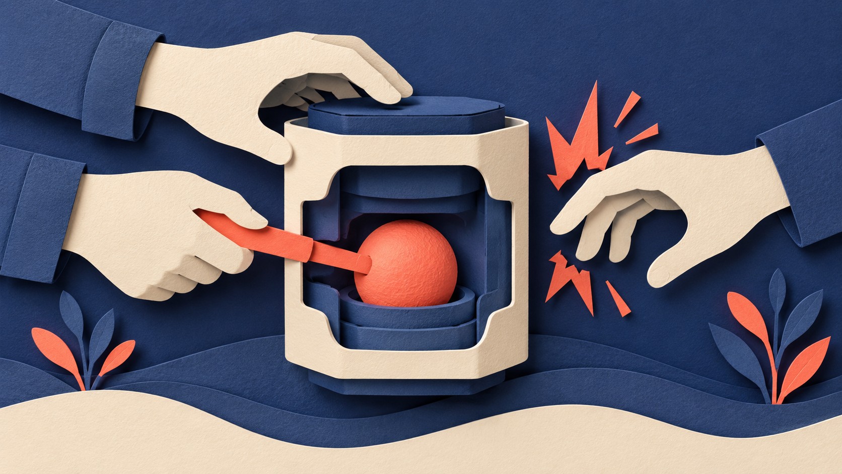 Hands try to borrow a value inside a container, and a warning flashes when the borrows conflict.