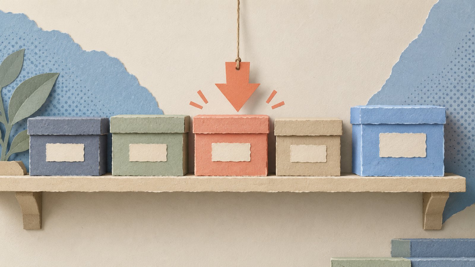 A calm paper-cut shelf of release boxes, with a coral pointer selecting one while a newer box sits nearby.