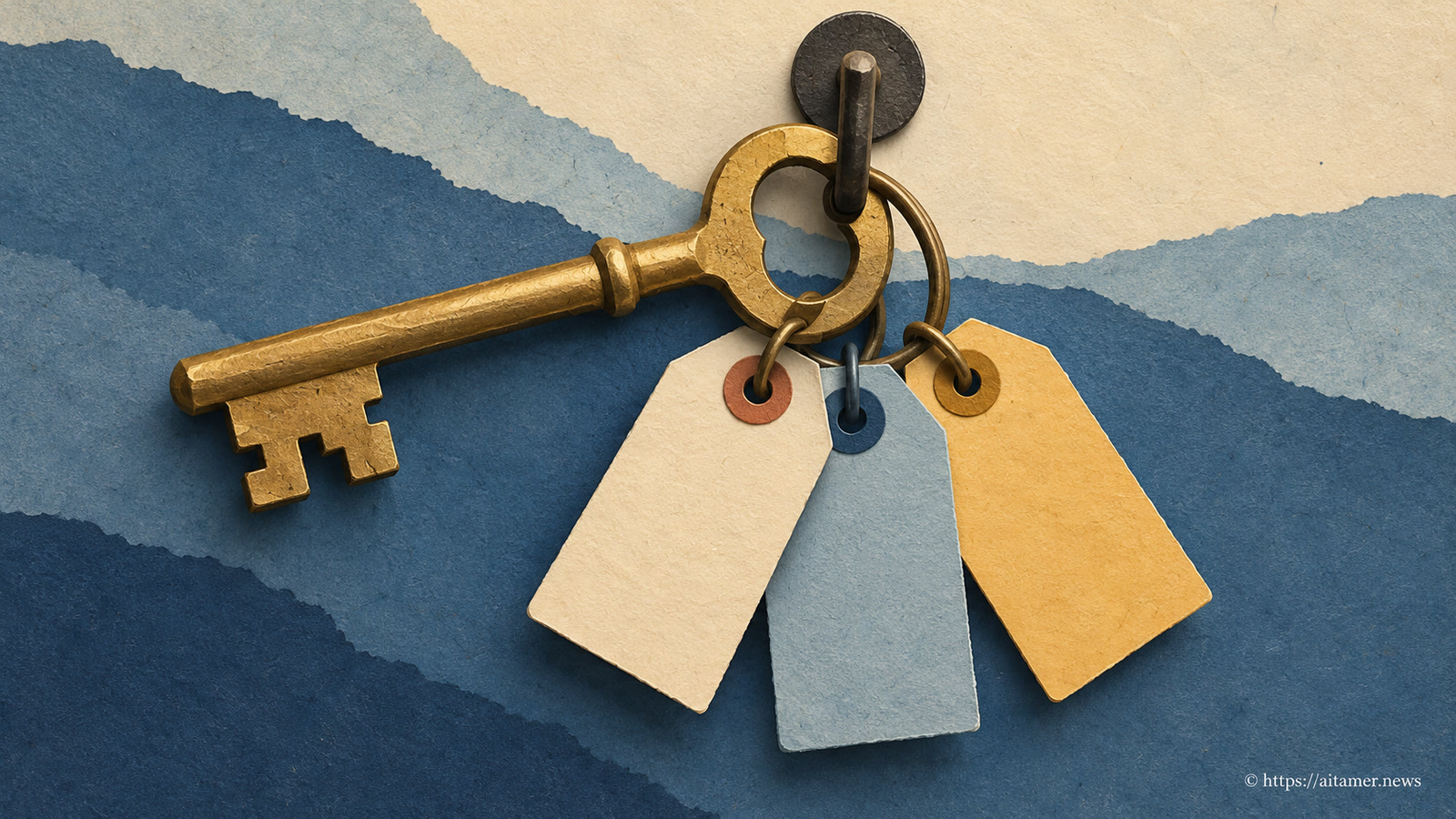 A brass key and three blank paper tags hang from one hook.
