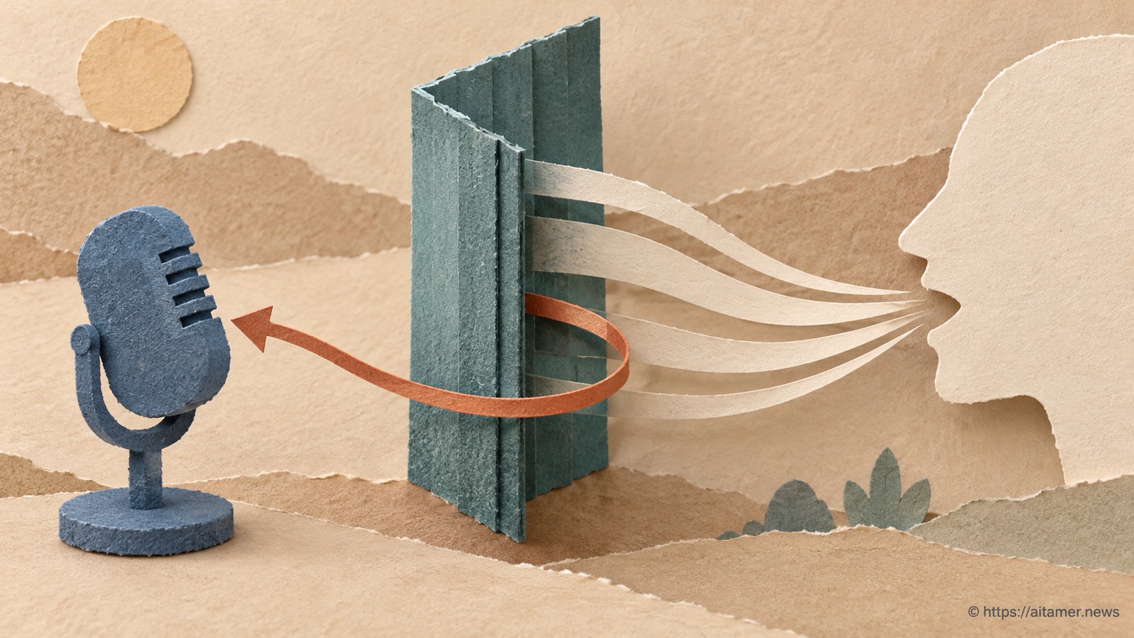 A cream voice silhouette sends sound toward a microphone through a teal barrier, while one rust echo loops around it.