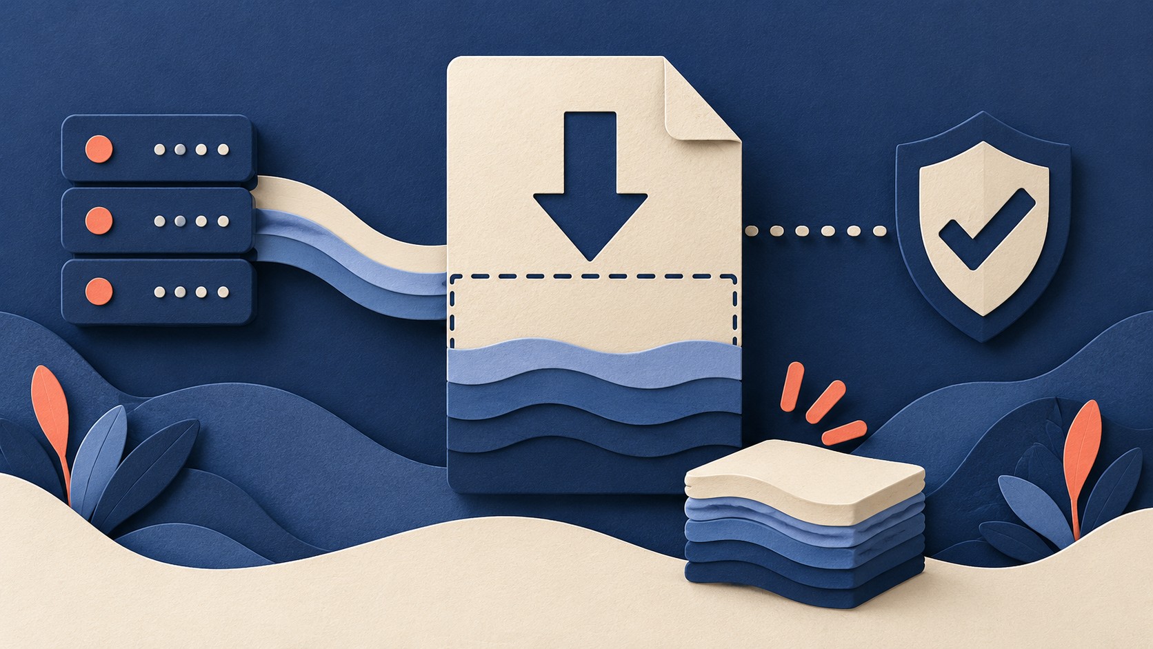 A partially filled download document resumes from a server and ends beside a verification shield.