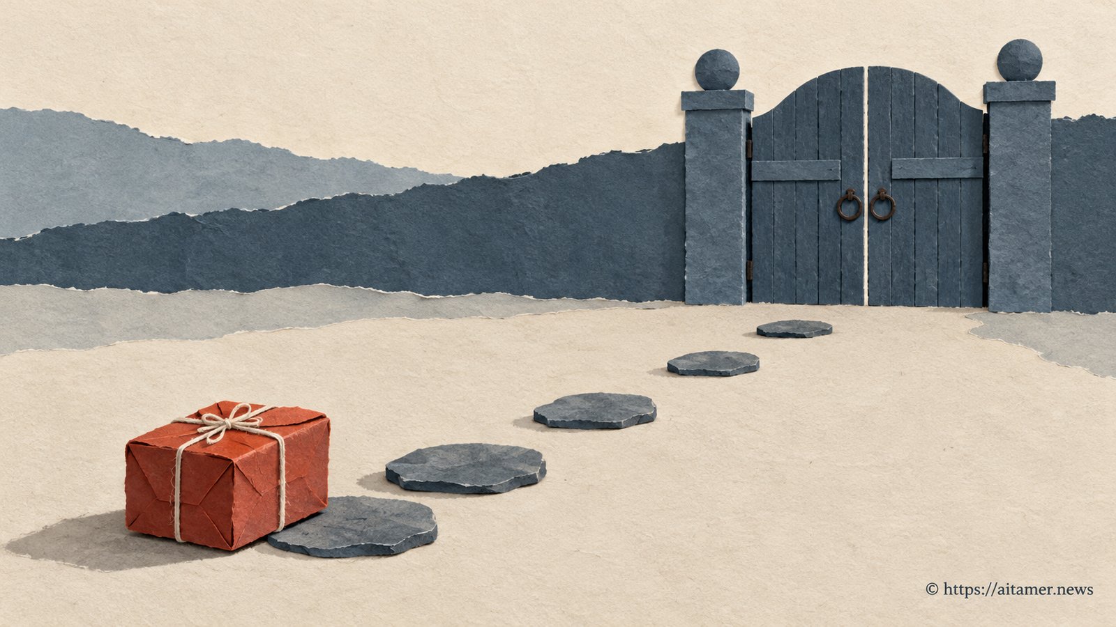 A small rust-red paper parcel approaches a closed blue gate across staggered stepping stones with widening gaps.