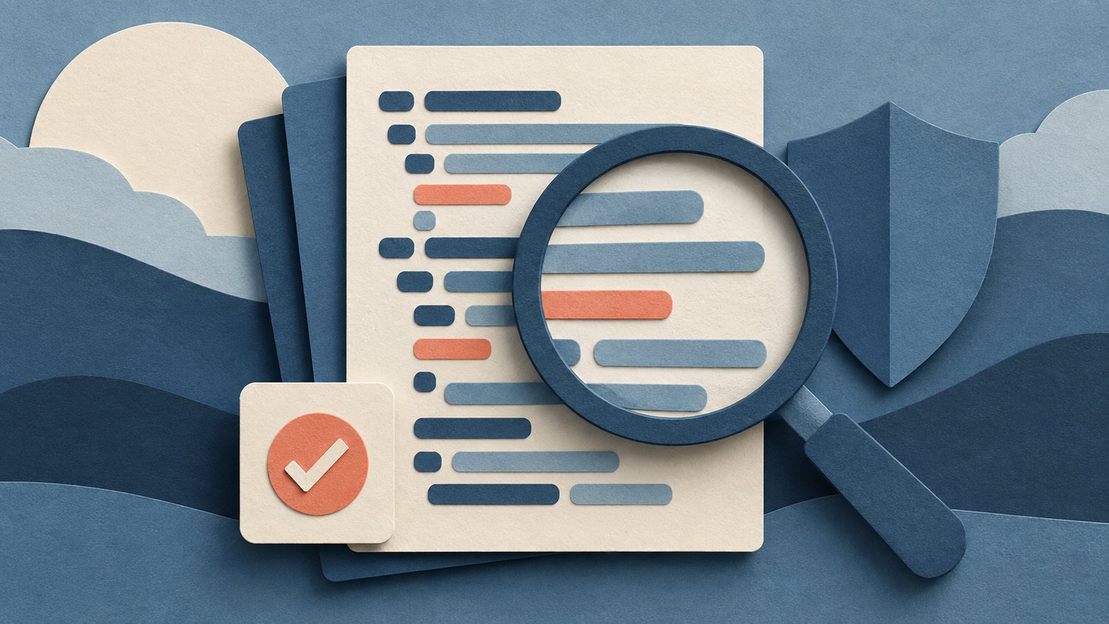 A paper-cut collage of code sheets under a magnifying glass, with a checked test tile and a small shield.