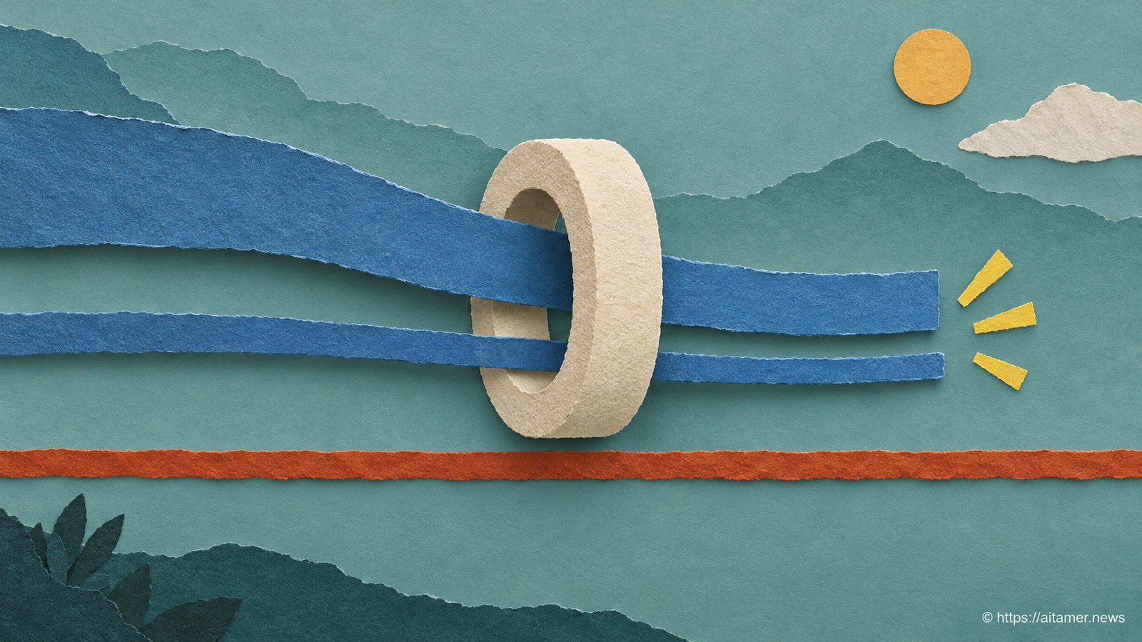 Unequal blue paper ribbons pass through a shared cream resizing ring while the rust baseline remains untouched.