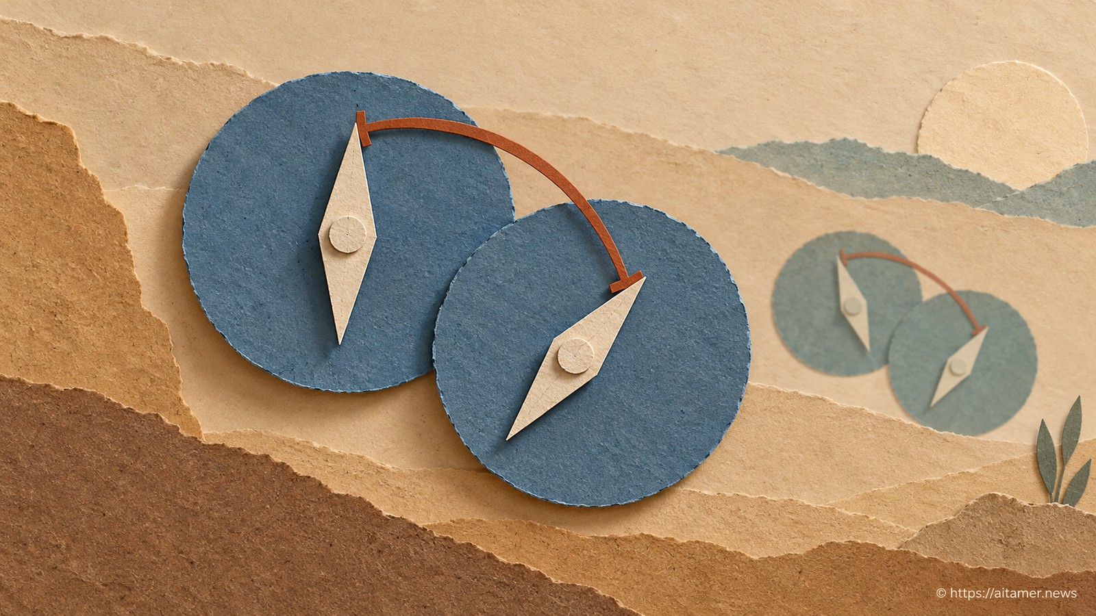 Paired cream compass needles rotate on blue paper discs, retaining a relative separation echoed by a quieter pair behind.