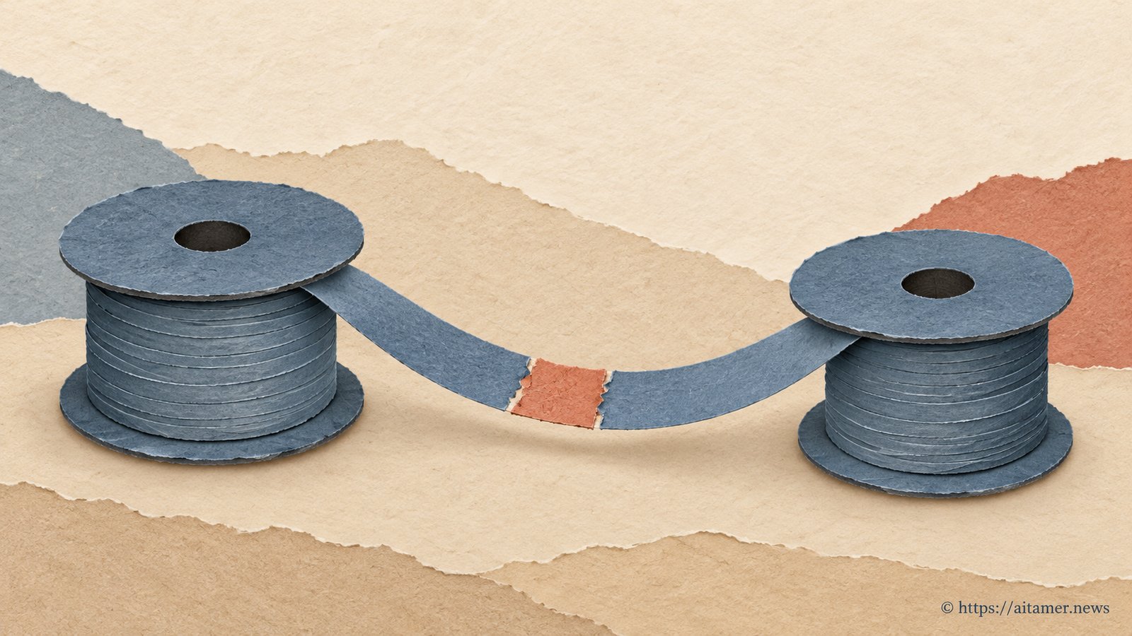 A continuous blue paper ribbon connects two storage spools, with a small © https://aitamer.news mark in the lower-right corner.