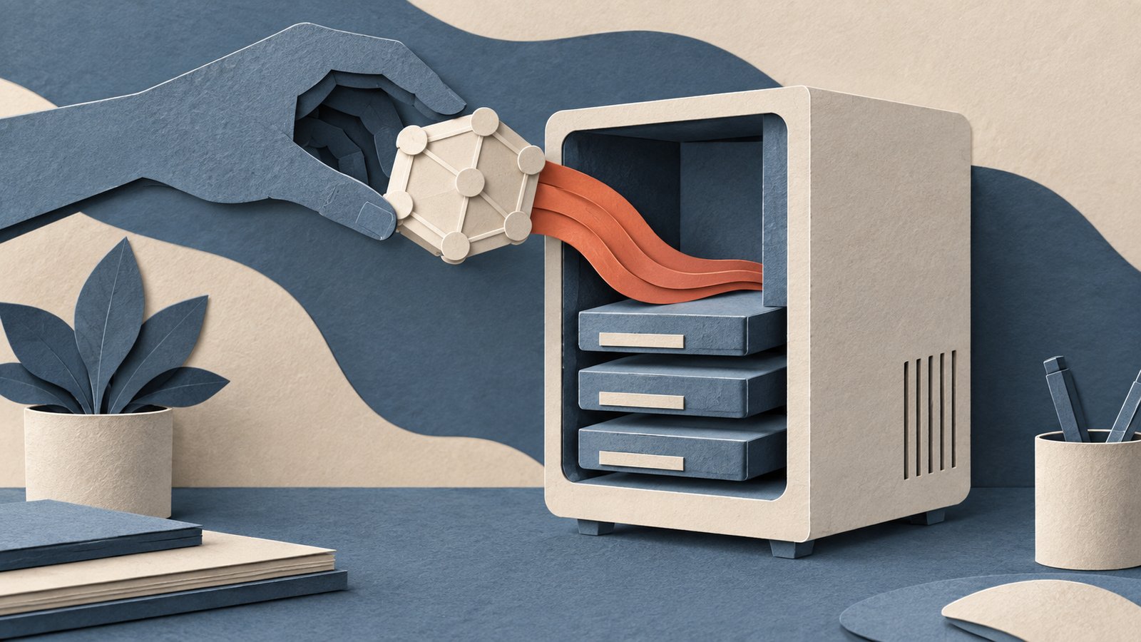 A paper-cut collage of an abstract model block fitting into a small desktop computer, with layered memory trays and a coral paper stream connecting them.