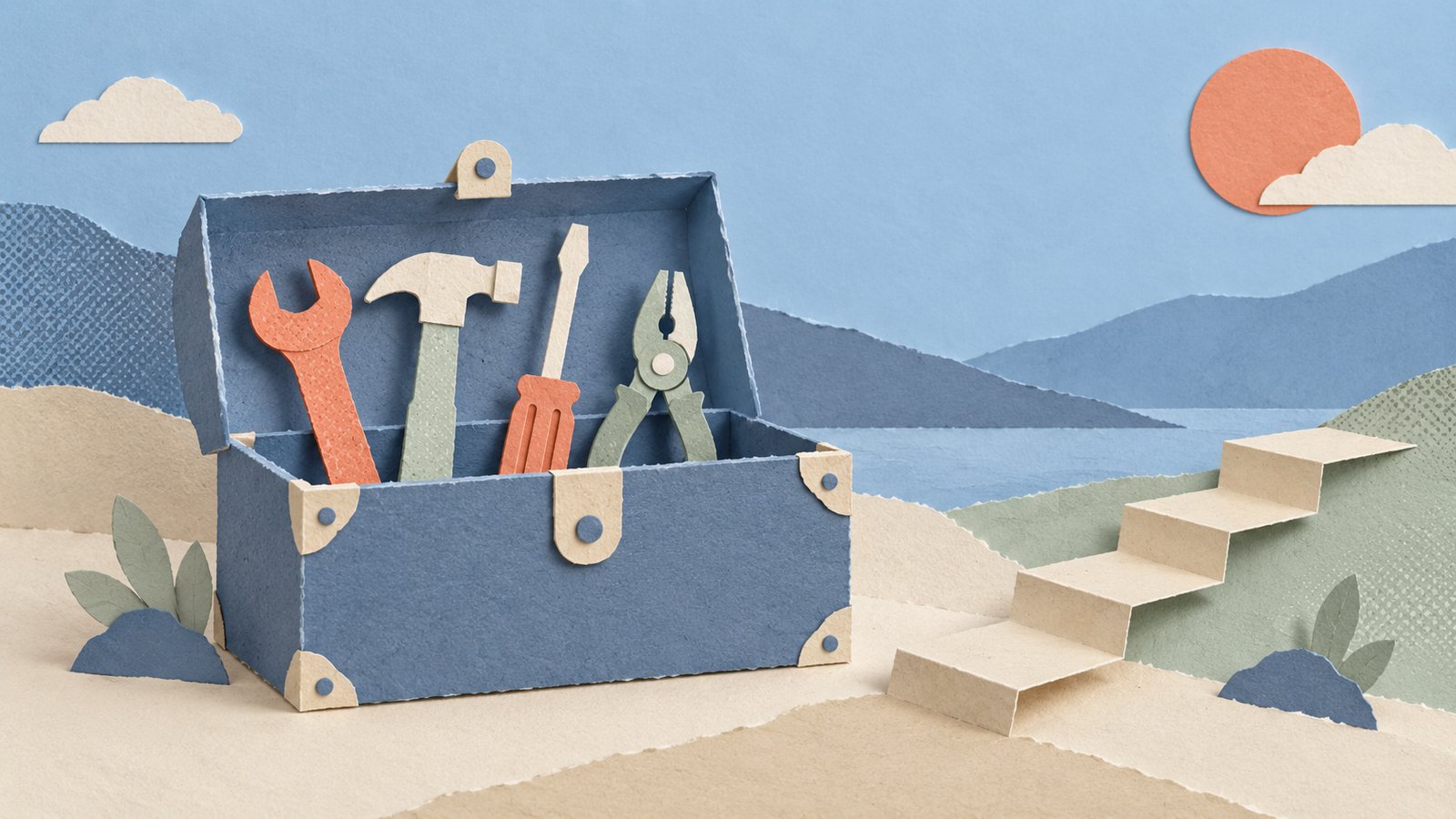 A layered paper-cut toolbox with four neatly arranged tools and a small upgrade path, in a calm blue, coral, cream, and sage palette.