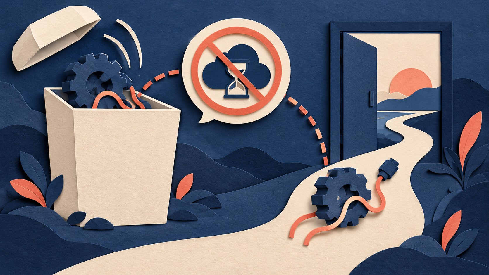 A gear and cable leave a cleanup box while an hourglass inside a crossed-out cloud signals that cleanup cannot wait.