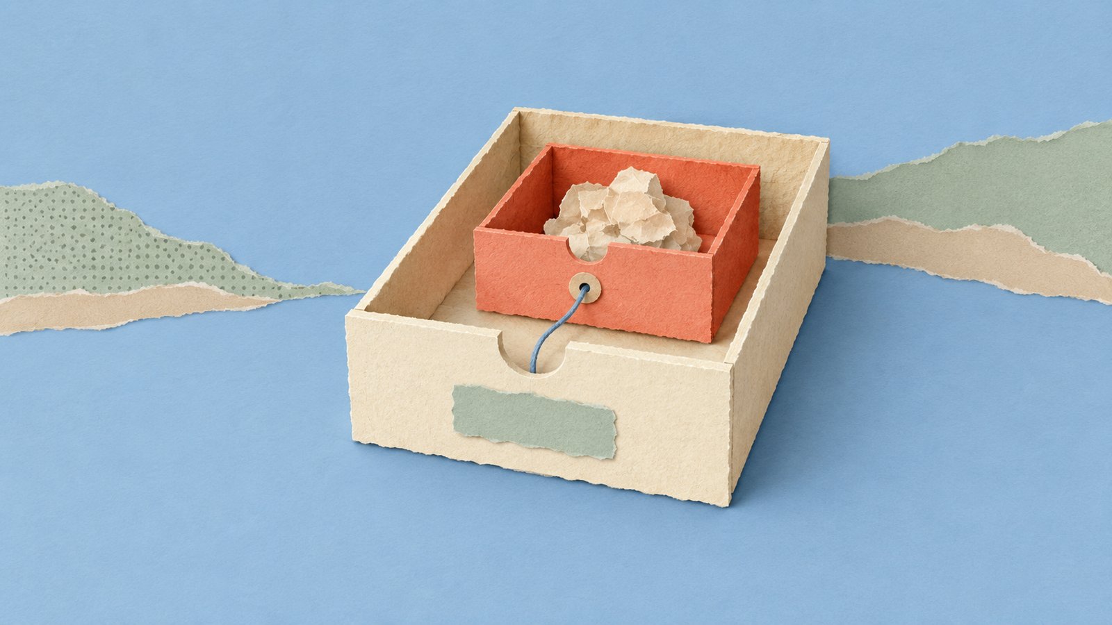 A cream paper drawer holds a smaller coral box linked by a fine blue thread, symbolizing an outer error that preserves its underlying cause.