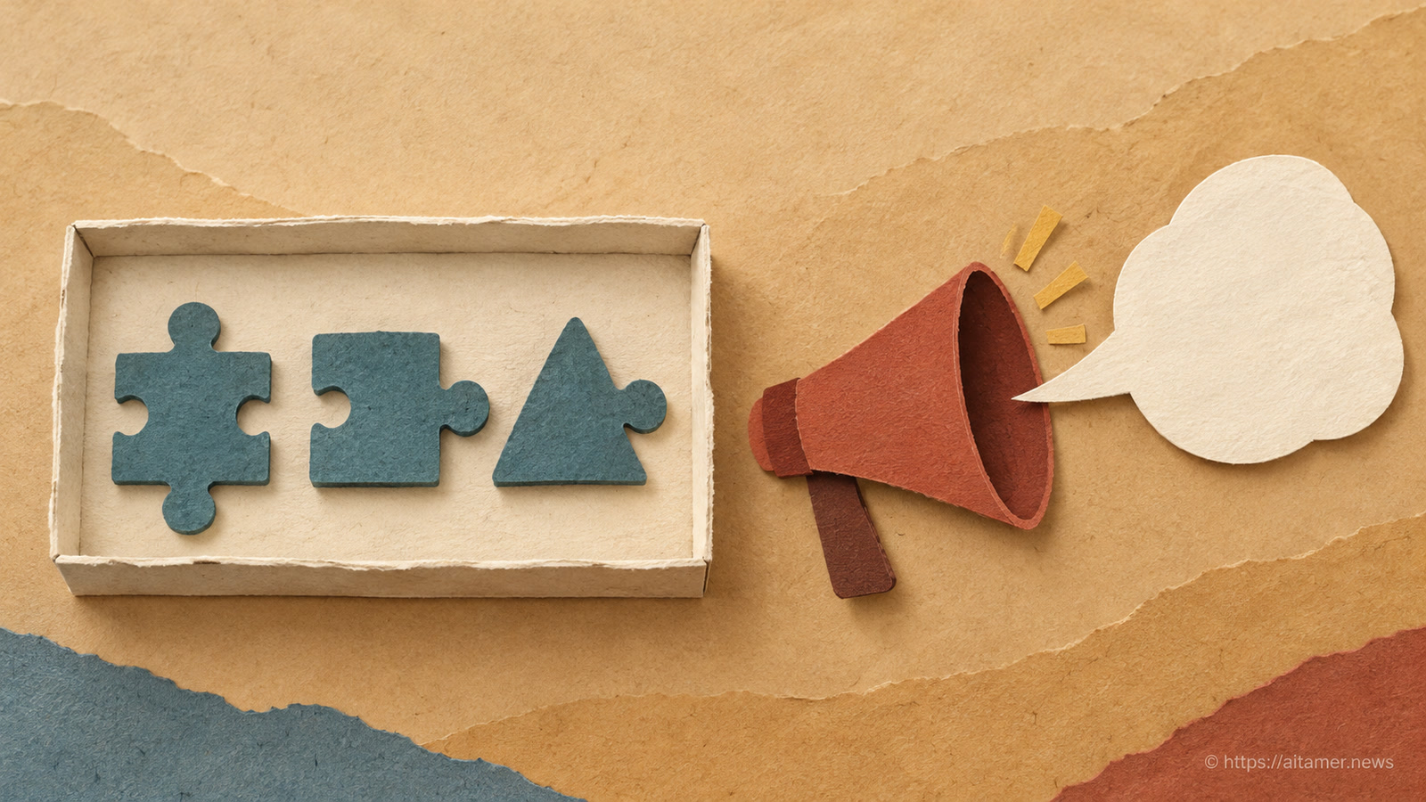 Three differently shaped teal puzzle pieces sit in a cream tray beside a red paper megaphone and a blank cream speech bubble.