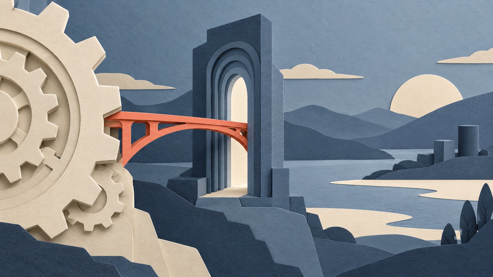 A paper-cut collage of a cream Rust gear crossing a slate-blue Worker gateway through a single coral bridge into a layered WebAssembly landscape.